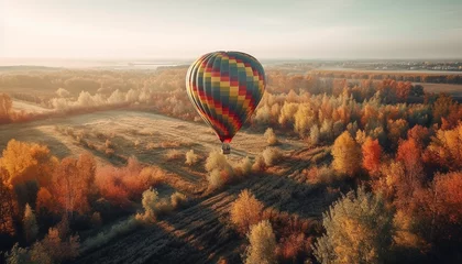 Poster Im Rahmen Multi colored hot air balloon flying over autumn landscape in nature generated by AI © Stockgiu