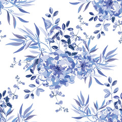 Blue floral print. Rose flowers, leaves bouquets, white background.  Vector illustration. Seamless pattern. Botanical design. Nature summer garden plants