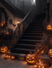 A Halloween-decorated house with charming decorations, cozy string lights, and a big staircase leading to the entrance.