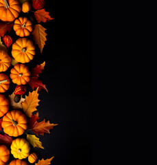 Harvest or fall texture for Thanksgiving. Pumpkins, leaves and warm colors. Isolated on black background with copy space.