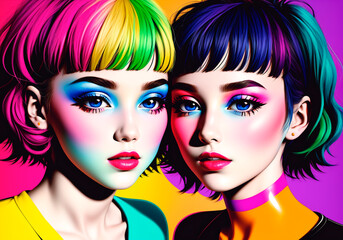 Naklejka premium Two beautiful young women with bright make-up.