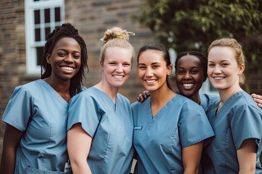 ortrait of a young nursing student standing with her team in hospital, dressed in scrubs, Doctor intern