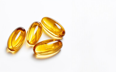 Vitamin e. Fish oil capsules on white background. Copy space for your text, high resolution product.