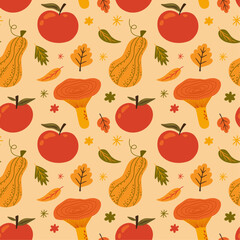 Autumn seamless vector pattern with pumpkins, mushrooms, apples, leaves. Fall seasonal food illustration