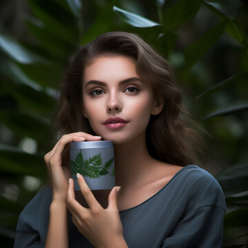 portrait of a woman hold a bottle of cosmetics Photo of attractive woman with perfect makeup on green background. Beauty skin care concept, dressed in dark 