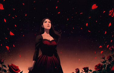 Girl in a red dress on a dark background with red roses.