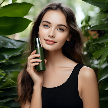 portrait of a woman hold a bottle of cosmetics Photo of attractive woman with perfect makeup on green background. Beauty skin care concept, outdoor