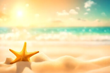 Fototapeta na wymiar Sun-Kissed Tropical Paradise: Sandy Beach and Sunlight Bokeh on a Seaside Background
