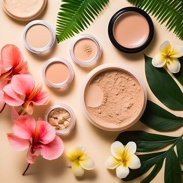 environmentally friendly Blank cosmetic product line with white color and copy space makeup, and skin care items, spa, powder and flowers