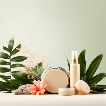 environmentally friendly Blank cosmetic product line with cream white color and copy space makeup, and skin care items pack	