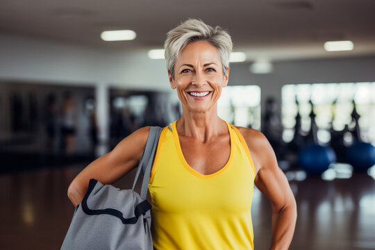 mid aged women wearing yellow workout dress standing in front of gym