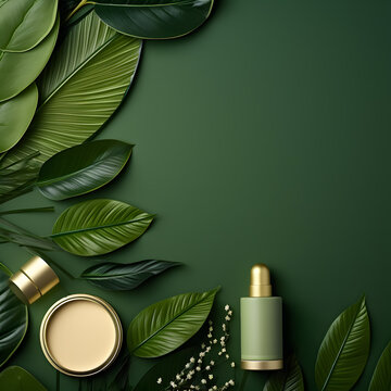 set of cosmetic products with environmentally friendly green background, copy space