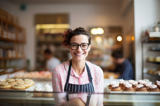 Happy small pastry shop owner, smiling proudly at her store. Cheerful female baker working at her shop