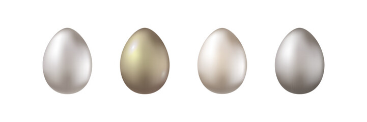 Set of gold, silver, bronze metal eggs. Realistic vector illustration. Design element foe Easter decoration