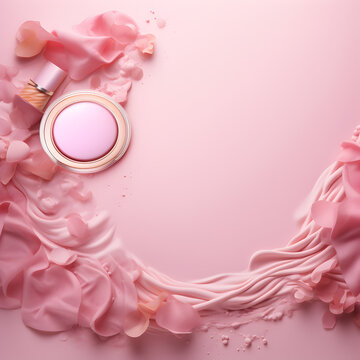 make up accessories with copy space, all cosmetics, pink background concept