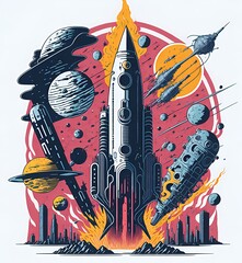 Alien with planets and solar system, starting Rocket from the ground, futuristic city, illustration