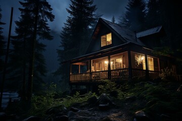 A private cabin in the dark woods at night. Generative AI