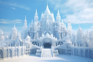 A stunning ice palace with an enchanting allure of fairies and magical hues of white and blue. Generative AI