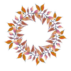 Autumn leaves circle frame. Cute Wreath  isolated on the white background.  Texture for decor, cards, logo, banners.