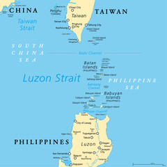 Luzon Strait, political map. Strait between Luzon and Taiwan, connecting the Philippine Sea to the South China Sea in the western Pacific Ocean. Important body of water for shipping and communications