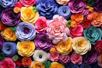 Birdseye view of vibrant blossoms forming a vibrant rainbow spread, suitable for festive occasions and backdrops. Generative AI