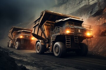Three mining trucks in iron ore quarry. Iron ore mining process. Modern technologies in the iron ore industry. Generative AI