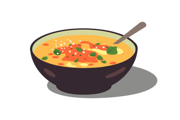 Delicious bowl of soup, hot meal, food, vegtables. Tom yum, simple vector illustration.