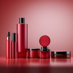 Cosmetics product line with red color background and copy space, set