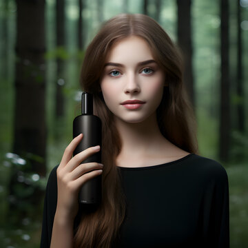 portrait of a woman hold a bottle of cosmetics Photo of attractive woman with perfect makeup on green background. Beauty skin care concept, dark dress