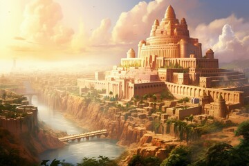 Ancient city Babylon with Tower of Babel in Babylonian Empire, mentioned in Quran and Bible, multilingual speech, illustration. Generative AI