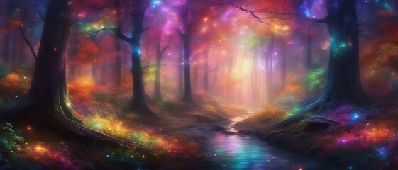 Naklejka premium A forest with a stream filled with many trees and colorful lights with stars, fantasy art