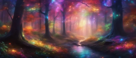 Rolgordijnen A forest with a stream filled with many trees and colorful lights with stars, fantasy art © Mikalai