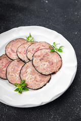 sausage pork offal meat pork stomach, pork neck, offal meal food Andouille snack on the table copy space food background rustic top view