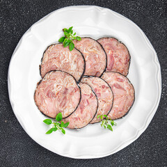 sausage pork offal meat pork stomach, pork neck, offal meal food Andouille snack on the table copy space food background rustic top view