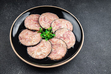 sausage pork offal meat pork stomach, pork neck, offal meal food Andouille snack on the table copy space food background rustic top view