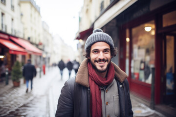 Obraz premium Portrait of a young smiling man standing on the city street in Paris