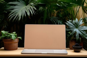 Image showing a blank laptop screen, corkboard supplies, and a potted green palm plant. Generative AI
