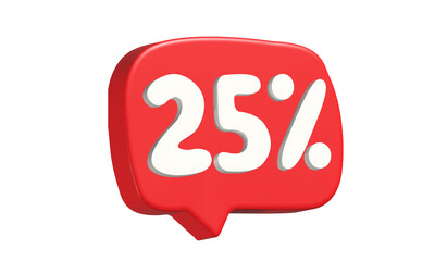 25% sale sign. Red speech bubble 3d render. Holiday sale. Discount element 