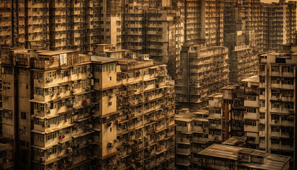 High rise apartment buildings illuminate crowded city streets at dusk generated by AI