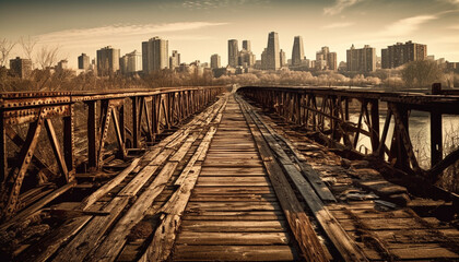 Obraz premium Man made architecture spans the water, cityscape aglow at sunset generated by AI