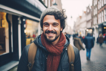 Portrait of a young smiling man standing on the city street in Amsterdam
