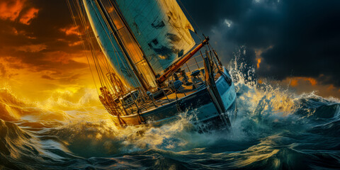 Abstract Painting of a Sailboat in a Regatta on the Stormy Ocean Digital Art Wallpaper Background Backdrop Poster Cover Generative AI KI
