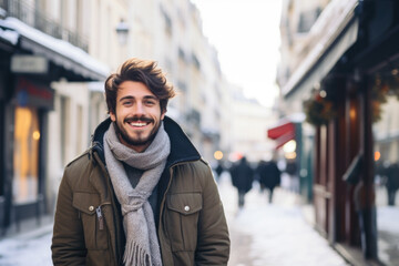 Portrait of a young smiling man standing on the city street in Berlin