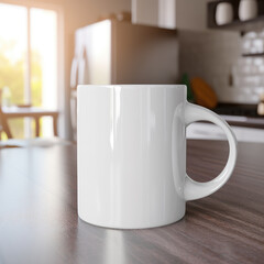 White ceramic coffee mug on the kitchen table. Mug mockup. Natural lighting inside a modern kitchen as the blurred background