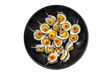 olive in anchovy fillet, anchovys roll stuffed olives apetizing seafood fish marinated appetizer meal food snack on the table copy space food background rustic top