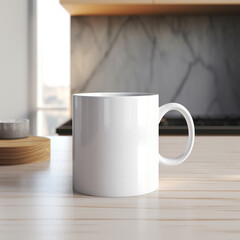 Obraz premium White ceramic coffee mug mockup. Blank mug. Wooden table