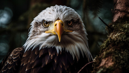 Majestic bald eagle perching on branch, looking at camera generated by AI
