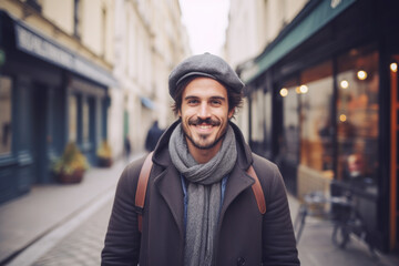 Portrait of a young smiling man standing on the city street in Paris