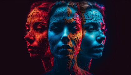 Abstract beauty in futuristic portrait of young adult with face paint generated by AI