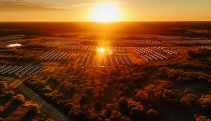 Sunset over rural farm, alternative energy equipment generates electricity generated by AI